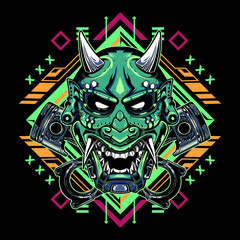 Japanese hannya demon mask with tribal sacred geometry on black backgroun for t-shirt, stickers, posters. Vector illustration. Tattoo arts style
