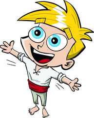 Little blonde kid with big blue eyes waiting for a hug