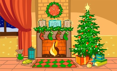 Vector illustration. New year s room with a fireplace, Christmas tree, gifts, snow outside, warm and cozy.