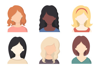 Collection of various portrait girls with different hair color and hairstyles isolated on white background. Vector illustration with face avatars in flat style