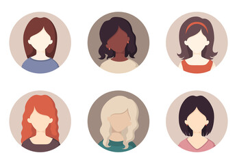 Collection of various portrait girls with different hair color and hairstyles isolated on white background. Vector illustration with round face avatars in flat style