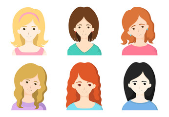 Collection of various portrait girls with different hairstyles and hair color isolated on white background. Vector illustration with face avatars in flat style