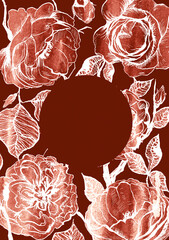 Hand drawn floral rose vertical rectangular template with round frame