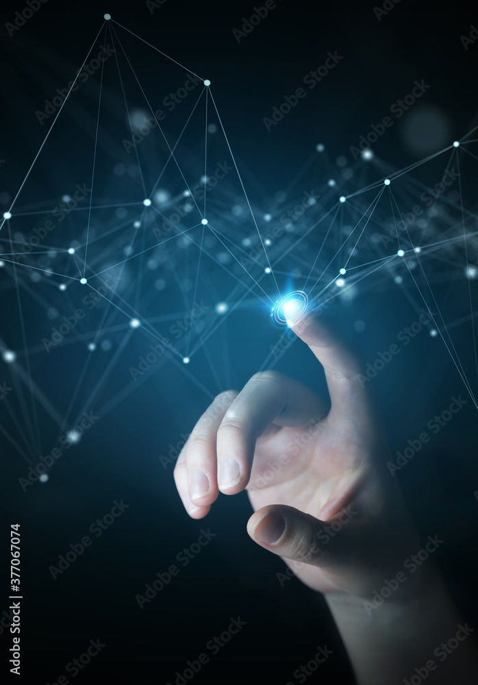 Aufkleber businessman using floating digital network connections with dots and lines 3d rendering