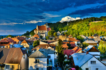 Panorama of Renaissance style city Kazimierz Dolny, Poland before dusk 