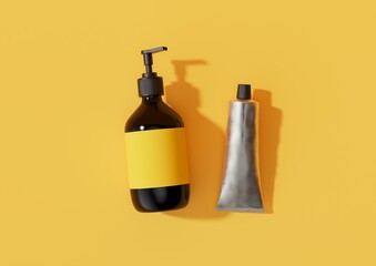 3D render of White plastic cosmetic pump bottle and cream mock-up on yellow backgound. Rendering or Illustration. 