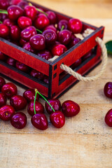 Ripe cherries in a box.