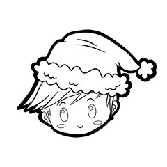 Cute cartoon boy with Christmas hat, icon, emoji element on white background. Doodle black line decoration for logo, coloring, card and any design. Vector illustration about holiday.