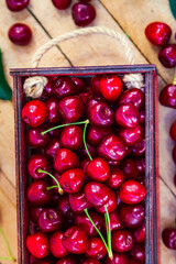 Ripe cherries in a box.