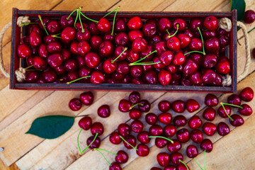 Ripe cherries in a box.