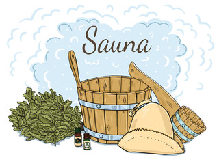 Fototapeta premium Composition of items for the sauna. Isolated objects on a white background. Doodle style.