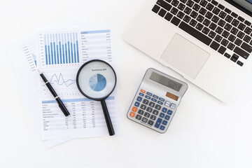 top view auditor desk with financial statement 
