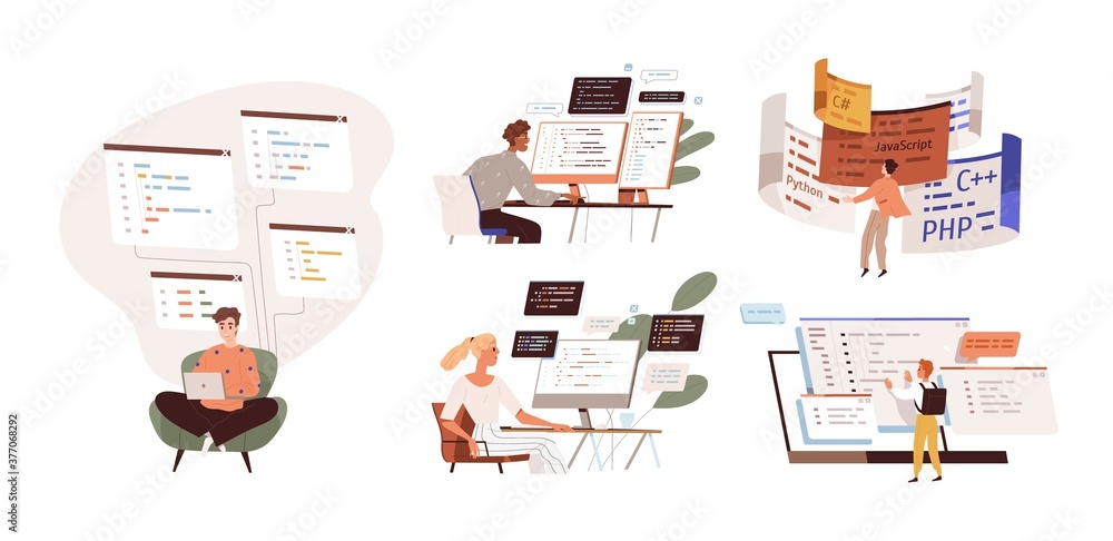 Poster Set of programmers working on web development on computers. Concept of script coding and programming in php, python, javascript, other languages. Software developers. Flat vector cartoon illustration.