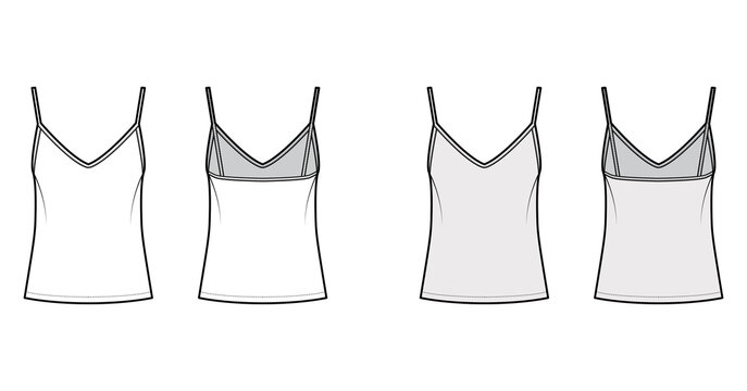 Camisole slip top technical fashion illustration with sweetheart neck, thin straps, relax fit, back zip fastening. Flat tank apparel template front, back, white grey color. Women men unisex CAD mockup