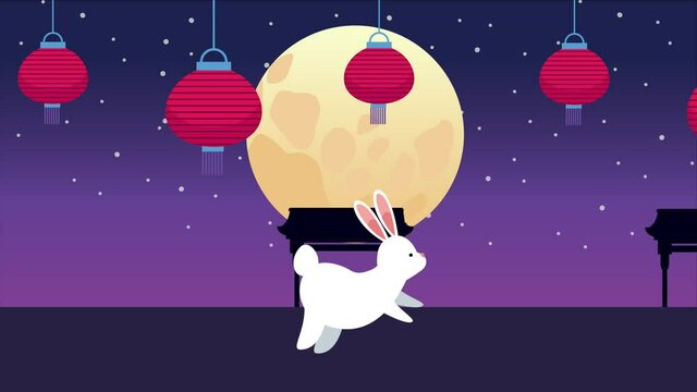 mid autumn festival animation with rabbit and lamps at night