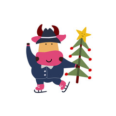 Vector illustration on the theme of the New Year. Bull picture with festive details. For a postcard, for a congratulation, a poster, a sticker.