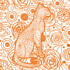 Square pattern on white. Ornate cat. Hand drawn animal with abstract patterns