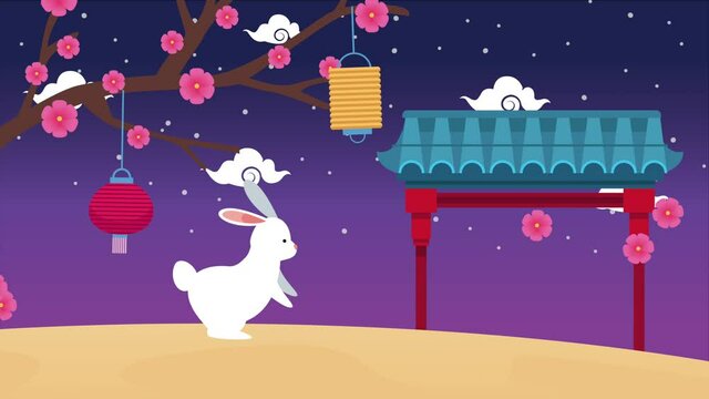 mid autumn festival animation with rabbit and flowers