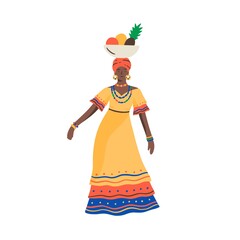 Dark skin Cuban woman dancing with bowl full of exotic fruits on head vector flat illustration. Female traditional Cuba clothes isolated. Ethnic tropical person in colorful dress and accessories