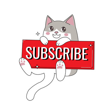 Cute cat logo mascot with subscribe button. Kawaii kitten sticker. Simple design flat vector isolated on white background.
