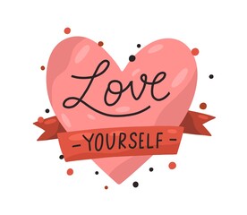 Red heart and ribbon with inscription Love yourself vector flat illustration. Cute symbol for self acceptance with motivational quote isolated. Composition or sticker with slogan and design elements
