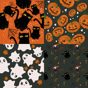 halloween set,  halloween seamless pattern 