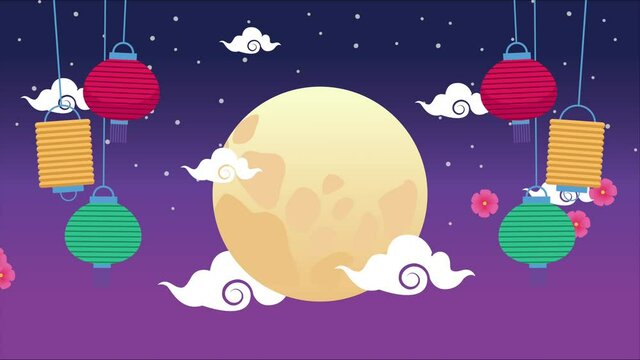mid autumn festival animation with moon and lamps hanging