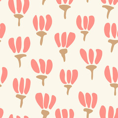 Simple lotus garden seamless vector pattern. Lotuses in most minimal playful way in pink and beige on white background. Great for home decor, fabric, wallpaper, stationery, design projects.