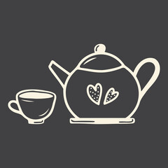 Set of two elements hand drawn teapot and teacups isolated on a dark background. Doodle, simple outline illustration. It can be used for decoration of textile, paper.