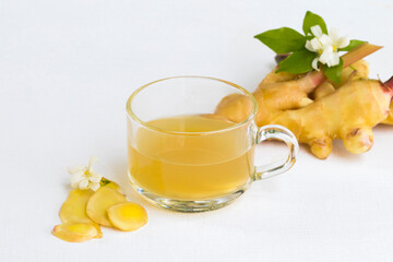 herbal healthy drinks hot water ginger vegetation for health care arrangement flat lay style on...