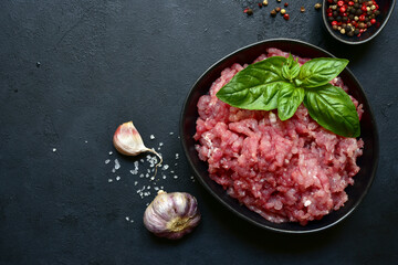 Homemade minced meat spices. Top view with copy space.