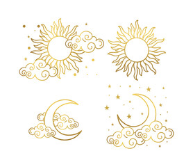 Fototapeta Mystical golden boho tattoos with sun, crescent, stars and clouds. Linear design, hand-drawing. Set of elements for astrology, mysticism and fortune telling. Vector illustration on a white background. obraz