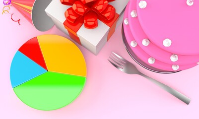 Pie chart with birthday cake and gift