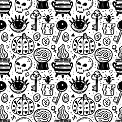 Halloween seamless pattern. Holiday black ink silhouettes. Eye, pumpkin, key, poison, cauldron, skull, bone, runes, crystal, candle. Magic, supernatural, paranormal.