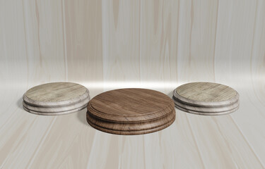 3d illustration Wooden display stand, design stand, empty round pallet with brown curved wooden backdrop For product placement and advertisement