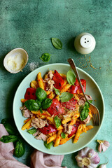 Pasta penne with tuna and vegetables in tomato sauce. Top view with copy space.