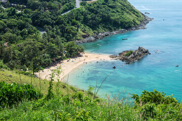 Birdview of beautiful quiet little cove landscape of Yanui Beach and Promthep Cape seen from the Windmill viewpoint located in the south of Phuket Island, Phuket, Thailand