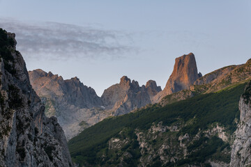 Naranjo de Bulnes, known as Picu Urriellu, from Camarmeña village at sunrise in Picos de Europa National Park, Asturias in Spain