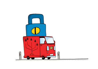 Hand drawn red truck with lock on the roof