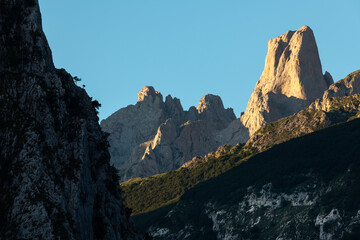 Naranjo de Bulnes, known as Picu Urriellu, from Camarmeña village at sunrise in Picos de Europa...