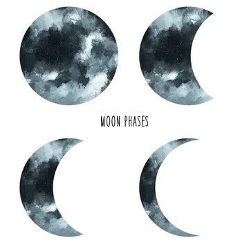 Moon phases. Hand drawn watercolor Moon illustration