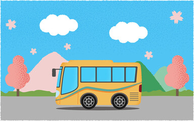 春、山沿いの道を進む黄色い観光バスのベクターイラスト