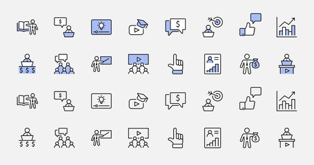 Set of Business Training Related Vector Line Icons. Contains such Icons as Teacher, Class, Presentation, Video, Book, Mentoring, Target and more. Editable Stroke. 32x32 Pixels.