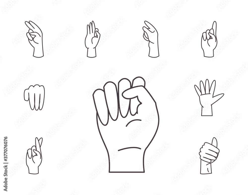 Poster hand sign language alphabet line style set icons vector design