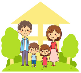 家と4人家族のイラスト