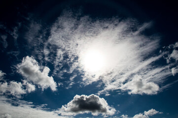 Naklejka na ściany i meble bright sun beams on blue sky and clouds backgrounds