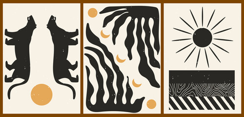 Set of three abstract minimalist aesthetic backgrounds with sun, moon, thin lines, patterns, tiger, plant. Trendy colorful vector illustration for social networks, web design in vintage boho style. © Nataly