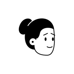 Portrait of a smiling girl. Vector black and white illustration of a face of a happy smiling cute girl with a stylish haircut. Simple icon image of woman face to use as an avatar or character portrait