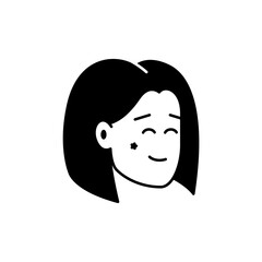 Portrait of a smiling girl. Vector black and white illustration of a face of a happy smiling cute girl with a stylish haircut. Simple icon image of woman face to use as an avatar or character portrait