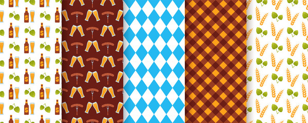 Oktoberfest seamless background. Octoberfest pattern. Vector. Prints with beer, rhombus, hop and checkered. Set of Germany traditional textures. Bavarian diamond wallpaper. Color illustration
